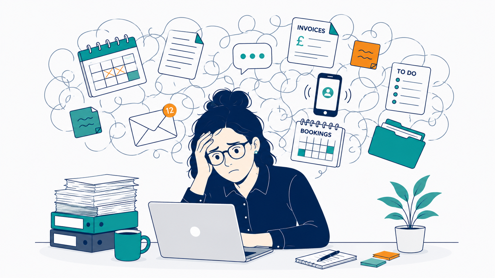 A business owner at a laptop surrounded by a tangle of emails, calendars, invoices, bookings and to-do lists