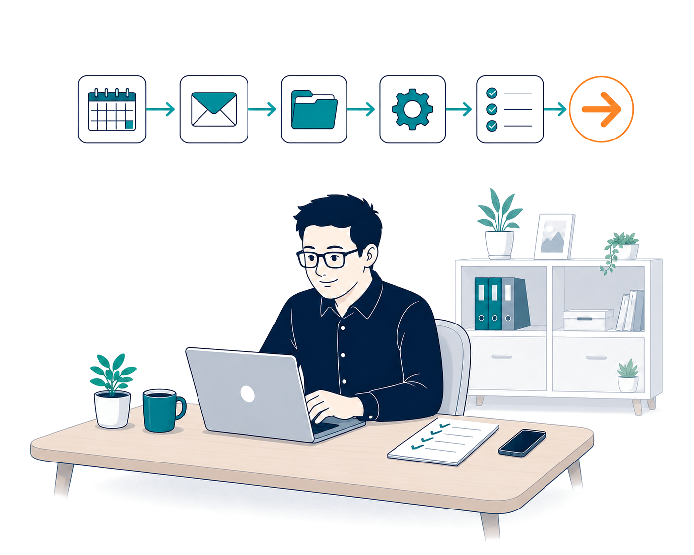 A calm business owner working at a tidy desk beneath a smooth, connected workflow
