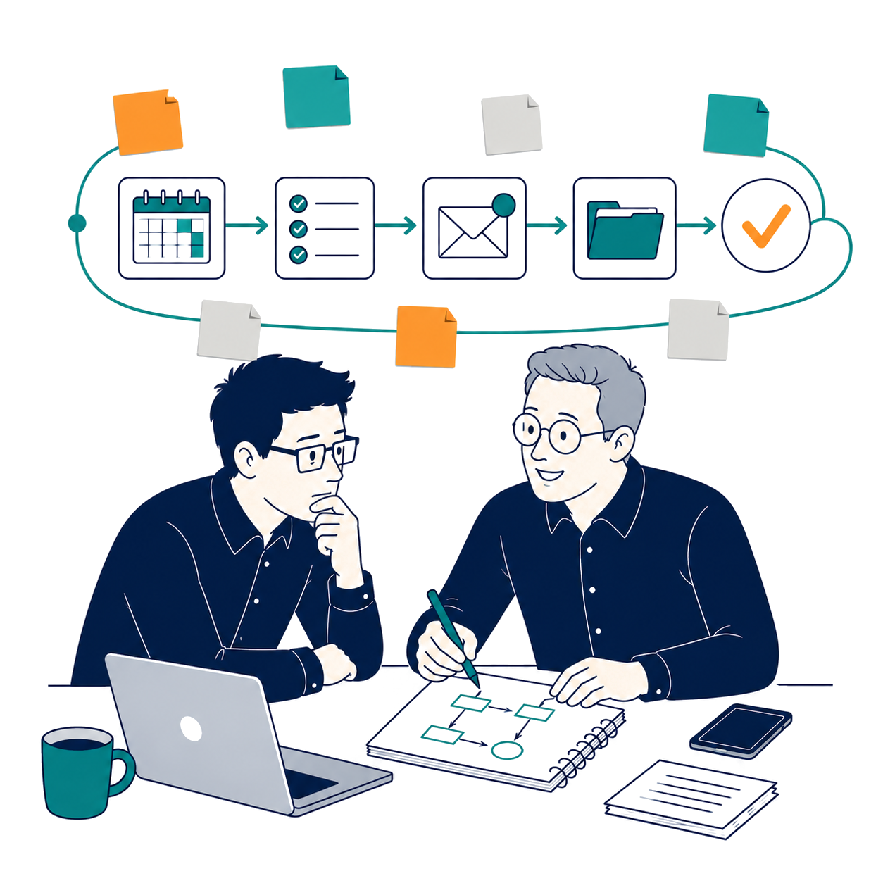 Two people sitting together mapping out a simple process on paper
