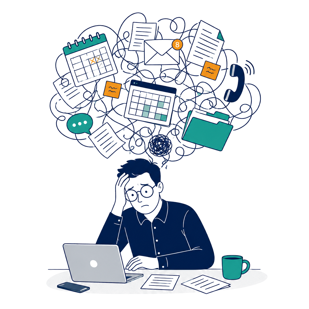 A business owner at a laptop surrounded by a tangle of emails, calendars, paperwork and phone calls